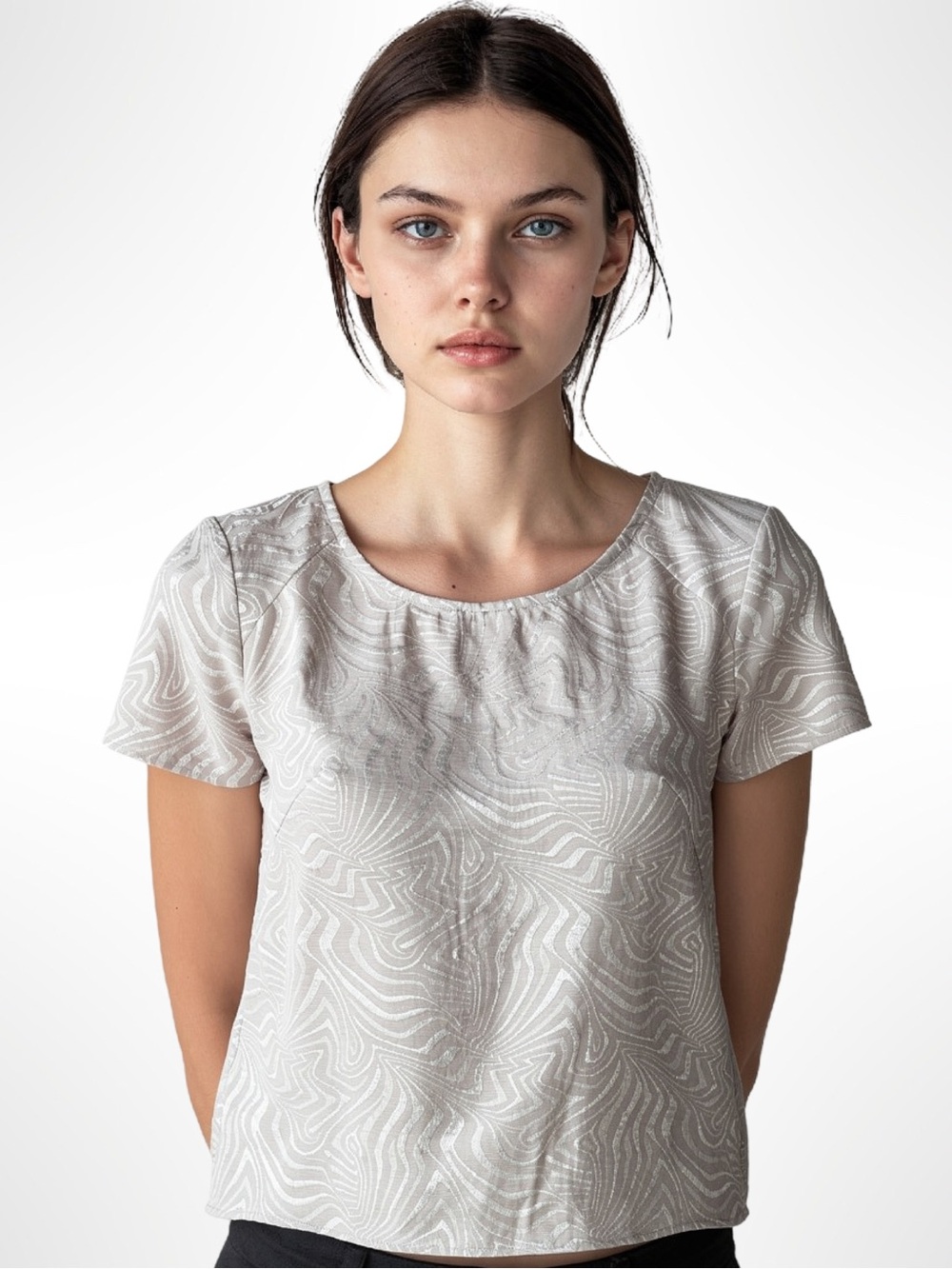 Modern Silver Grey Textured Jacquard Blouse Short Sleeve Career Top S